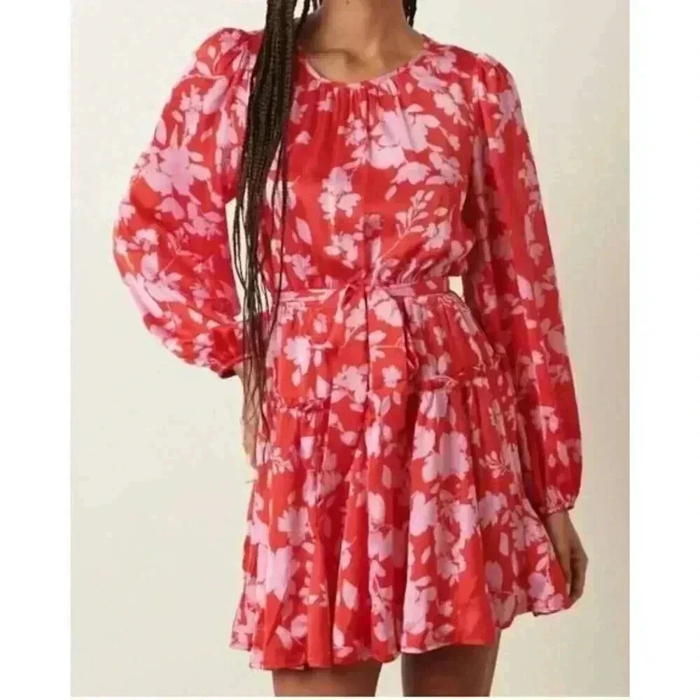 Mittoshop, radiant satin dress in red floral, Large